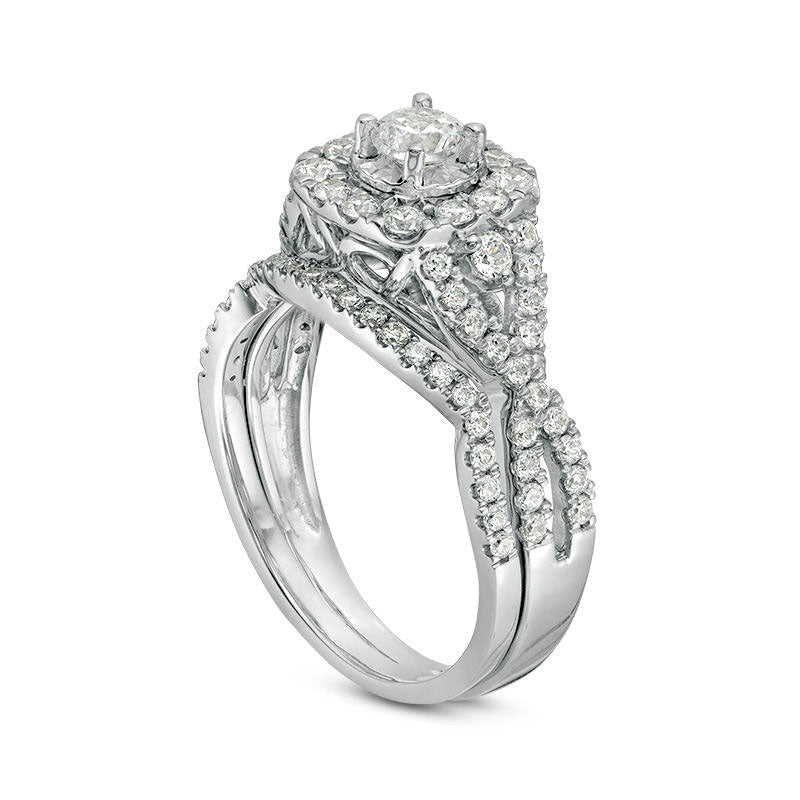 1.0 CT. T.W. Natural Diamond Frame Twist Bridal Engagement Ring Set in Solid 10K White Gold