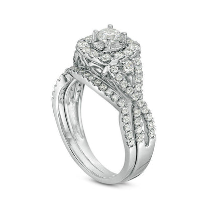 1.0 CT. T.W. Natural Diamond Frame Twist Bridal Engagement Ring Set in Solid 10K White Gold