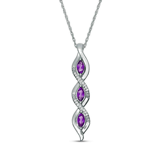 Marquise Amethyst and 0.05 CT. T.W. Natural Diamond Cascading Frame Triple Drop Pendant in Sterling Silver