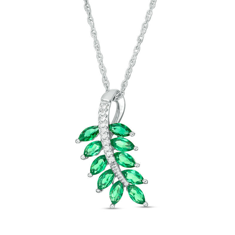 Marquise Lab-Created Emerald and Diamond Accent Leaf Pendant in Sterling Silver