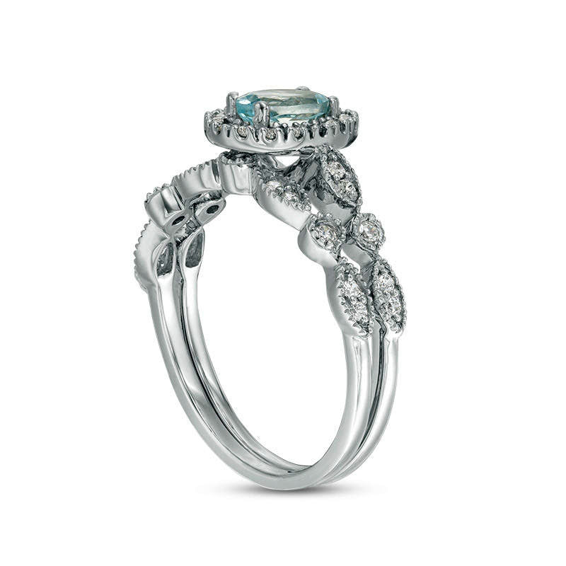 Oval Aquamarine and 0.20 CT. T.W. Natural Diamond Frame Antique Vintage-Style Bridal Engagement Ring Set in Solid 10K White Gold