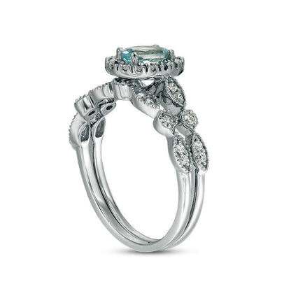Oval Aquamarine and 0.20 CT. T.W. Natural Diamond Frame Antique Vintage-Style Bridal Engagement Ring Set in Solid 10K White Gold
