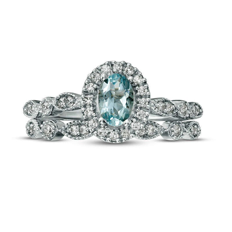 Oval Aquamarine and 0.20 CT. T.W. Natural Diamond Frame Antique Vintage-Style Bridal Engagement Ring Set in Solid 10K White Gold