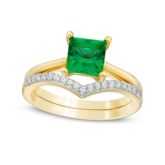 6.0mm Princess-Cut Lab-Created Emerald and 0.07 CT. T.W. Diamond Chevron Bridal Engagement Ring Set in Solid 10K Yellow Gold