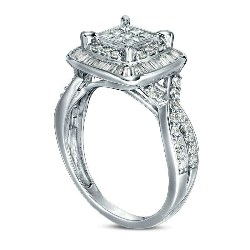 1.0 CT. T.W. Princess-Cut Composite Natural Diamond Double Frame Twist Engagement Ring in Solid 10K White Gold