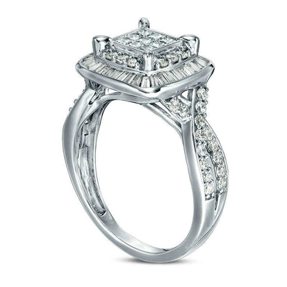 1.0 CT. T.W. Princess-Cut Composite Natural Diamond Double Frame Twist Engagement Ring in Solid 10K White Gold