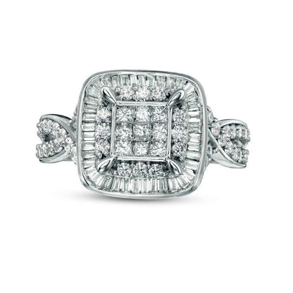 1.0 CT. T.W. Princess-Cut Composite Natural Diamond Double Frame Twist Engagement Ring in Solid 10K White Gold