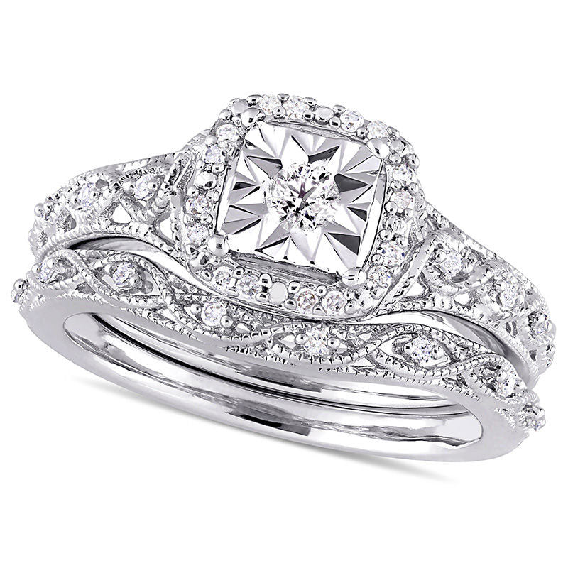 0.20 CT. T.W. Natural Diamond Cushion Frame Twist Antique Vintage-Style Bridal Engagement Ring Set in Sterling Silver