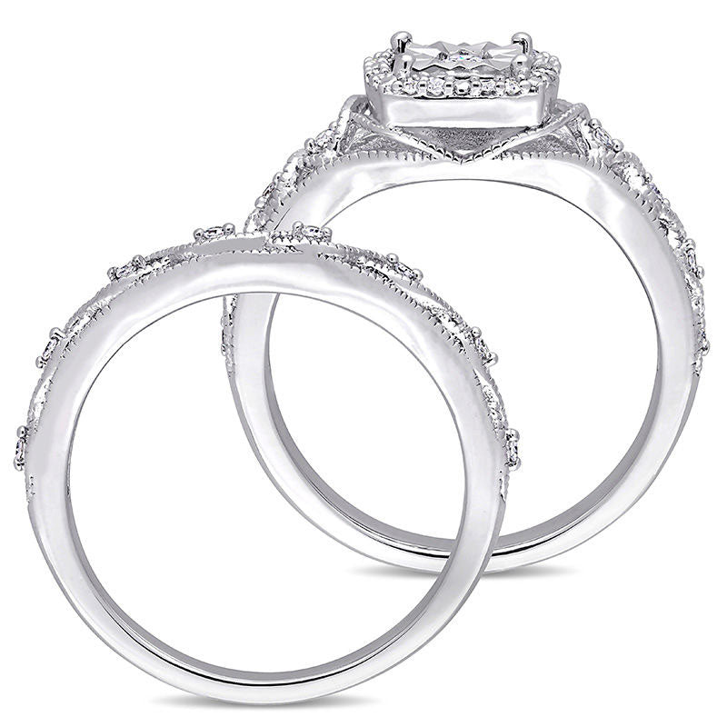 0.20 CT. T.W. Natural Diamond Cushion Frame Twist Antique Vintage-Style Bridal Engagement Ring Set in Sterling Silver