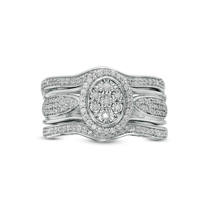 0.33 CT. T.W. Composite Natural Diamond Oval Frame Three Piece Bridal Engagement Ring Set in Sterling Silver