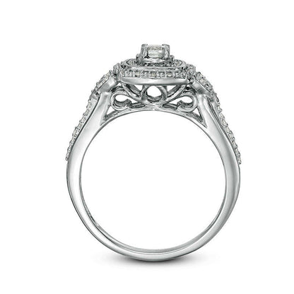 0.25 CT. T.W. Natural Diamond Double Square Frame Three Piece Bridal Engagement Ring Set in Sterling Silver