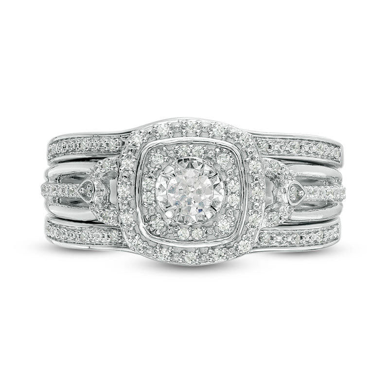 0.25 CT. T.W. Natural Diamond Double Square Frame Three Piece Bridal Engagement Ring Set in Sterling Silver
