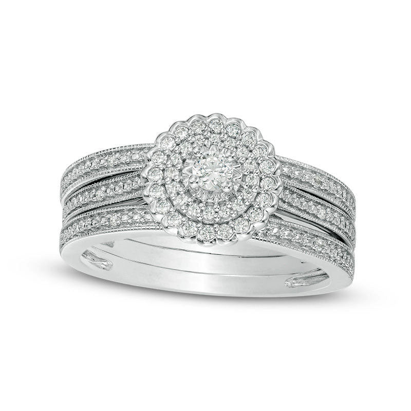 0.25 CT. T.W. Natural Diamond Double Frame Antique Vintage-Style Three Piece Bridal Engagement Ring Set in Sterling Silver