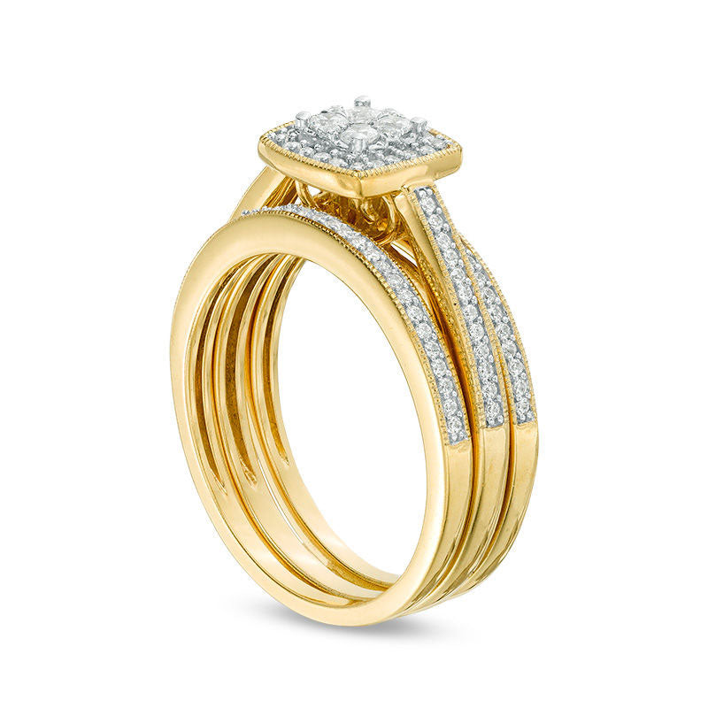 0.38 CT. T.W. Natural Diamond Frame Antique Vintage-Style Three Piece Bridal Engagement Ring Set in Solid 10K Yellow Gold