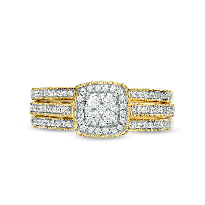 0.38 CT. T.W. Natural Diamond Frame Antique Vintage-Style Three Piece Bridal Engagement Ring Set in Solid 10K Yellow Gold