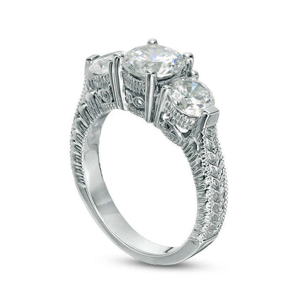 3.0 CT. T.W. Natural Diamond Three Stone Antique Vintage-Style Engagement Ring in Solid 14K White Gold