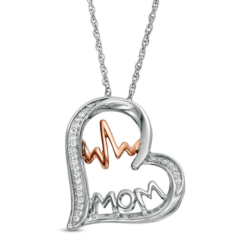 0.07 CT. T.W. Natural Diamond MOM" and Heartbeat in Tilted Heart Pendant in Sterling Silver and 10K Rose Gold"