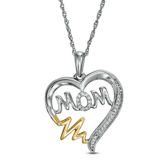 0.07 CT. T.W. Natural Diamond MOM" Heartbeat on Heart Pendant in Sterling Silver and 10K Yellow Gold"