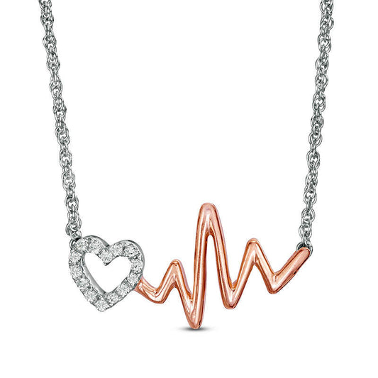 0.1 CT. T.W. Natural Diamond Heartbeat and Heart Necklace in Sterling Silver and 10K Rose Gold - 17"