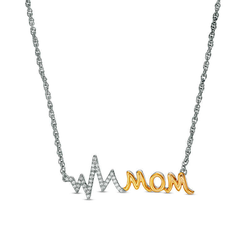 0.1 CT. T.W. Natural Diamond MOM" Heartbeat Necklace in Sterling Silver and 10K Yellow Gold - 16.85""