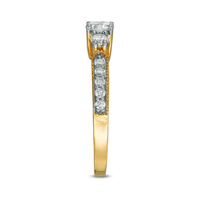0.75 CT. T.W. Natural Diamond Three Stone Antique Vintage-Style Engagement Ring in Solid 10K Yellow Gold