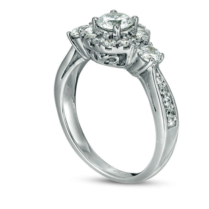 1.0 CT. T.W. Natural Diamond Frame Three Stone Engagement Ring in Solid 10K White Gold