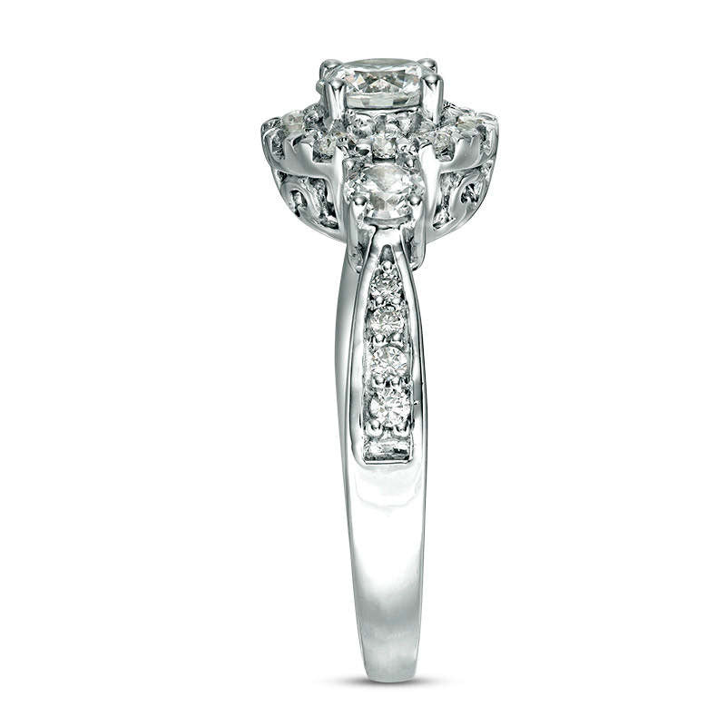 1.0 CT. T.W. Natural Diamond Frame Three Stone Engagement Ring in Solid 10K White Gold