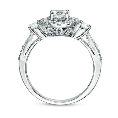 1.0 CT. T.W. Natural Diamond Frame Three Stone Engagement Ring in Solid 10K White Gold