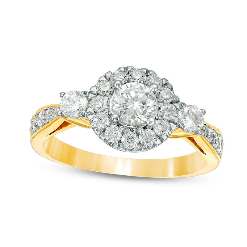1.0 CT. T.W. Natural Diamond Frame Three Stone Engagement Ring in Solid 10K Yellow Gold