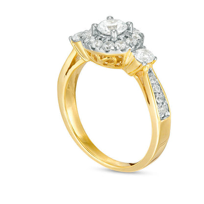 1.0 CT. T.W. Natural Diamond Frame Three Stone Engagement Ring in Solid 10K Yellow Gold
