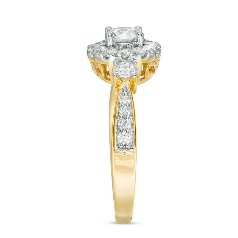 1.0 CT. T.W. Natural Diamond Frame Three Stone Engagement Ring in Solid 10K Yellow Gold