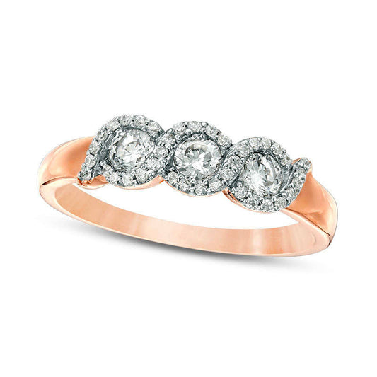 0.50 CT. T.W. Natural Diamond Three Stone Twist Frame Engagement Ring in Solid 10K Rose Gold