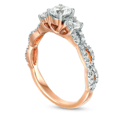1.0 CT. T.W. Natural Diamond Three Stone Braid Engagement Ring in Solid 10K Rose Gold