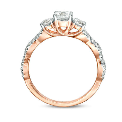1.0 CT. T.W. Natural Diamond Three Stone Braid Engagement Ring in Solid 10K Rose Gold