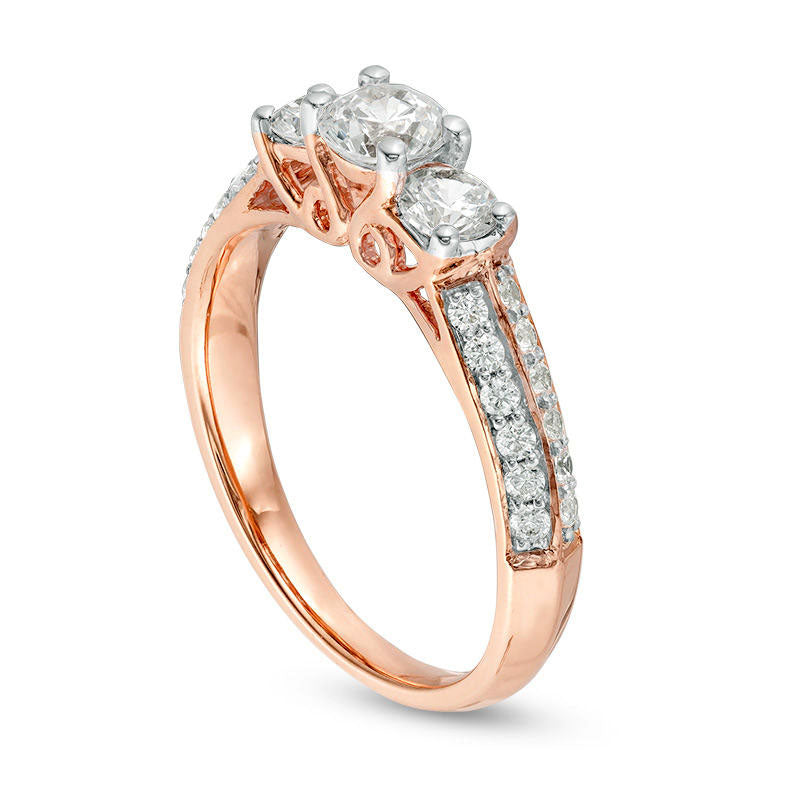 1.0 CT. T.W. Natural Diamond Three Stone Two Row Engagement Ring in Solid 10K Rose Gold