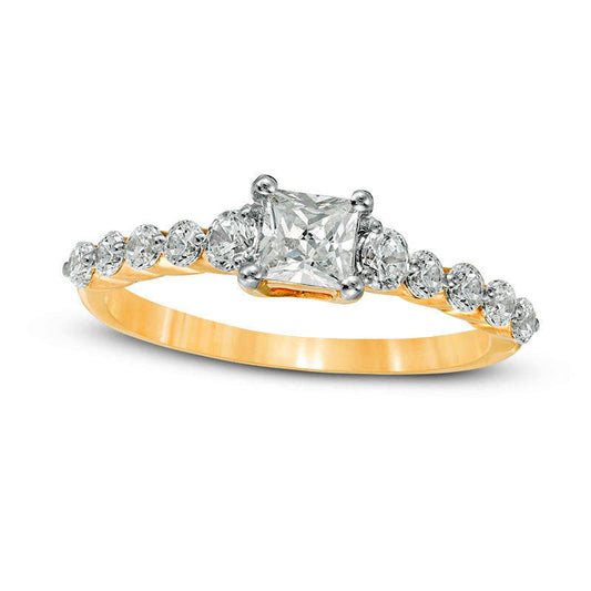 1.0 CT. T.W. Princess-Cut Natural Diamond Three Stone Engagement Ring in Solid 10K Yellow Gold