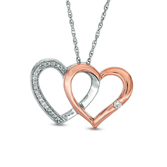 0.05 CT. T. W. Natural Diamond Interlocking Hearts Pendant in Sterling Silver and 10K Rose Gold