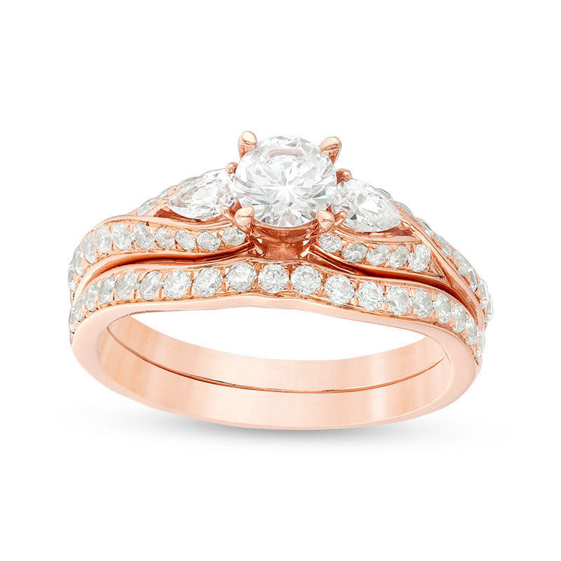 1.38 CT. T.W. Natural Diamond Bypass Three Stone Bridal Engagement Ring Set in Solid 14K Rose Gold