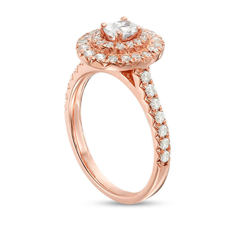 1.0 CT. T.W. Oval and Round Natural Diamond Double Frame Engagement Ring in Solid 14K Rose Gold