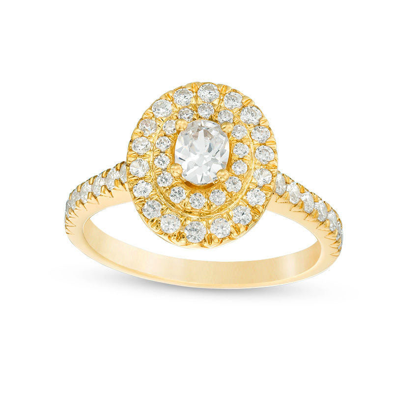 1.0 CT. T.W. Oval and Round Natural Diamond Double Frame Engagement Ring in Solid 14K Gold