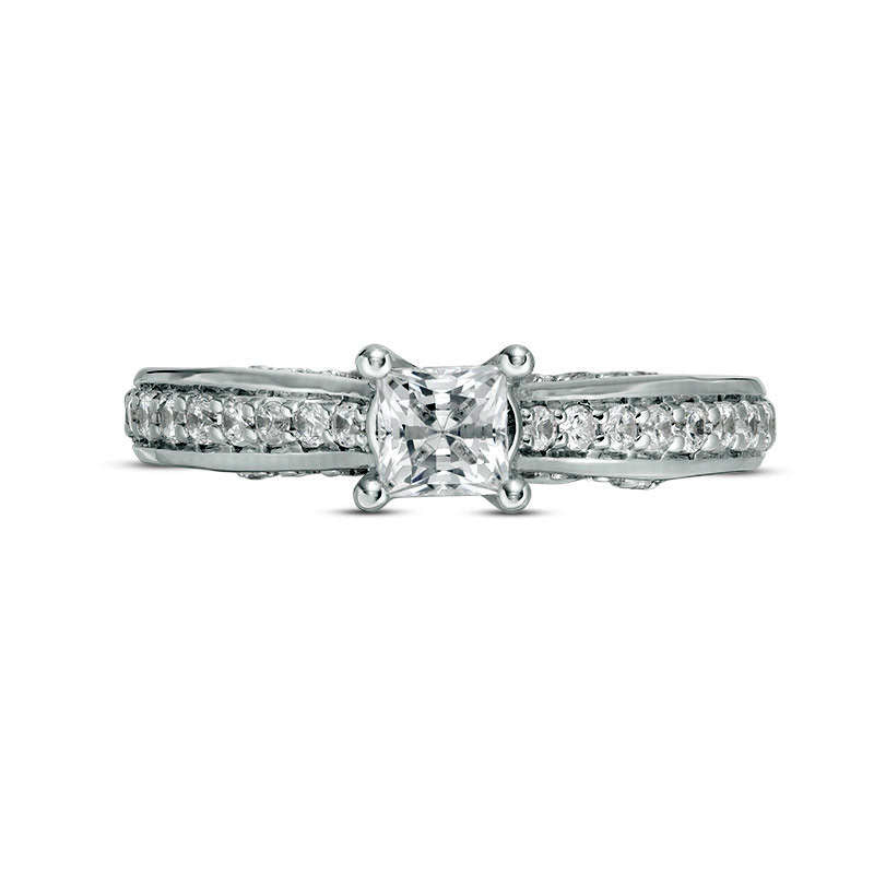 1.0 CT. T.W. Princess-Cut Natural Diamond Pavé Engagement Ring in Solid 14K White Gold