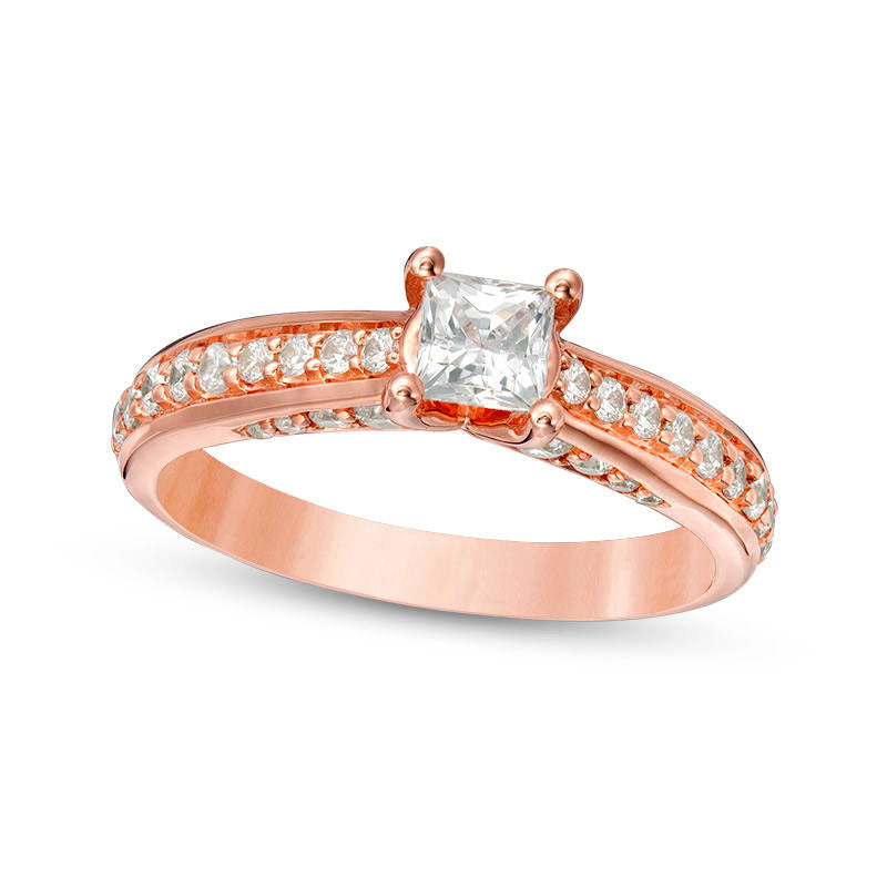 1.0 CT. T.W. Princess-Cut Natural Diamond Pavé Engagement Ring in Solid 14K Rose Gold