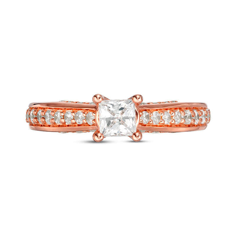 1.0 CT. T.W. Princess-Cut Natural Diamond Pavé Engagement Ring in Solid 14K Rose Gold