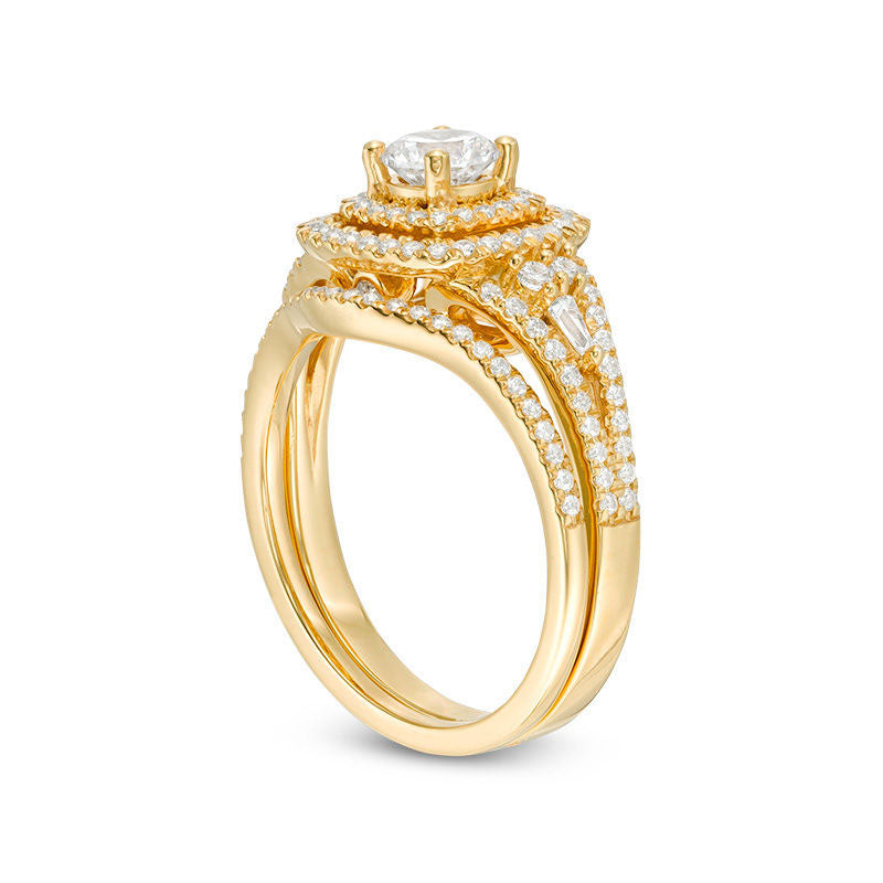 1.20 CT. T.W. Natural Diamond Double Cushion Frame Bridal Engagement Ring Set in Solid 14K Gold
