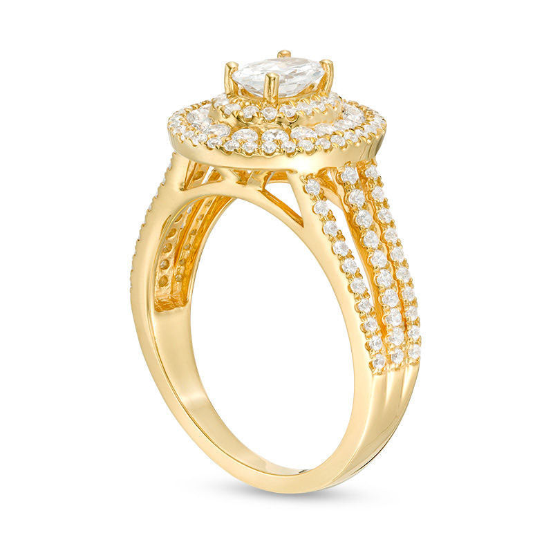 1.33 CT. T.W. Oval Natural Diamond Frame Multi-Row Engagement Ring in Solid 14K Gold