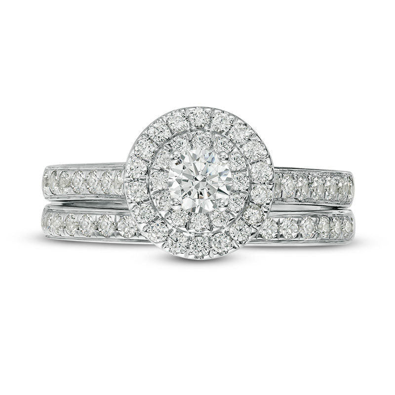 1.0 CT. T.W. Natural Diamond Double Frame Bridal Engagement Ring Set in Solid 10K White Gold