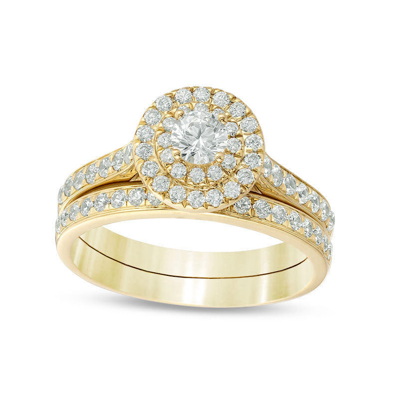 1.0 CT. T.W. Natural Diamond Double Frame Bridal Engagement Ring Set in Solid 10K Yellow Gold