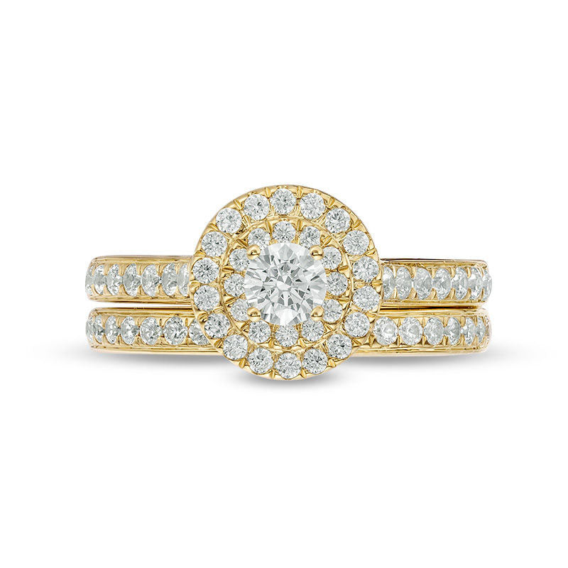 1.0 CT. T.W. Natural Diamond Double Frame Bridal Engagement Ring Set in Solid 10K Yellow Gold