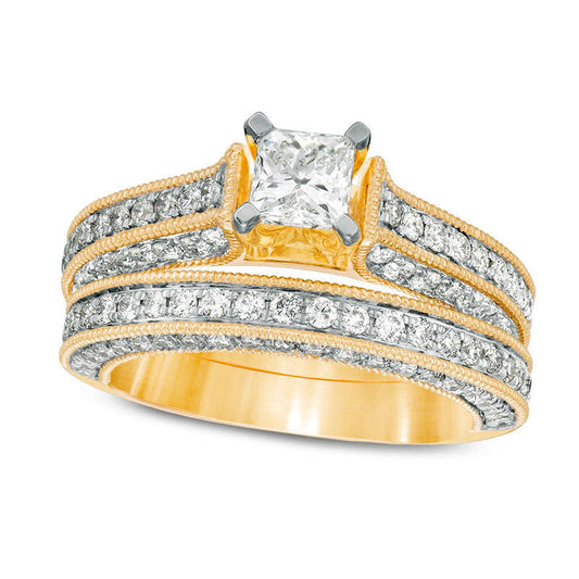 1.5 CT. T.W. Princess-Cut Natural Diamond Antique Vintage-Style Bridal Engagement Ring Set in Solid 10K Yellow Gold