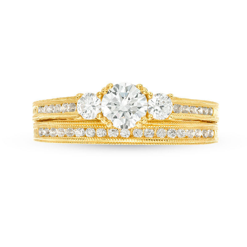 1.0 CT. T.W. Natural Diamond Three Stone Antique Vintage-Style Bridal Engagement Ring Set in Solid 14K Gold